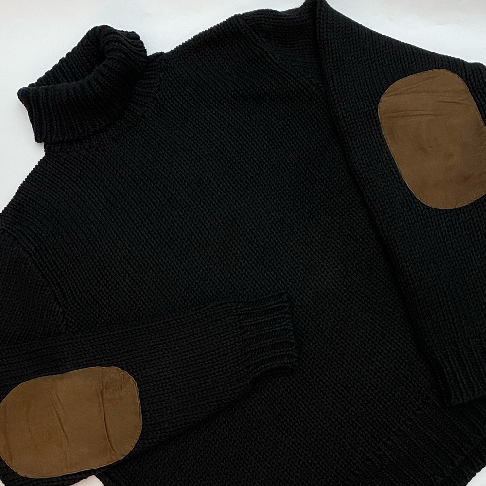 Polo by Ralph Lauren Black Turtleneck Sweater with Brown Elbow Patches
